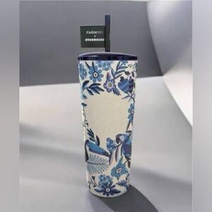 NWT Starbucks Farm Rio Limited Edition Blue & White Tropical Print Tumbler.
